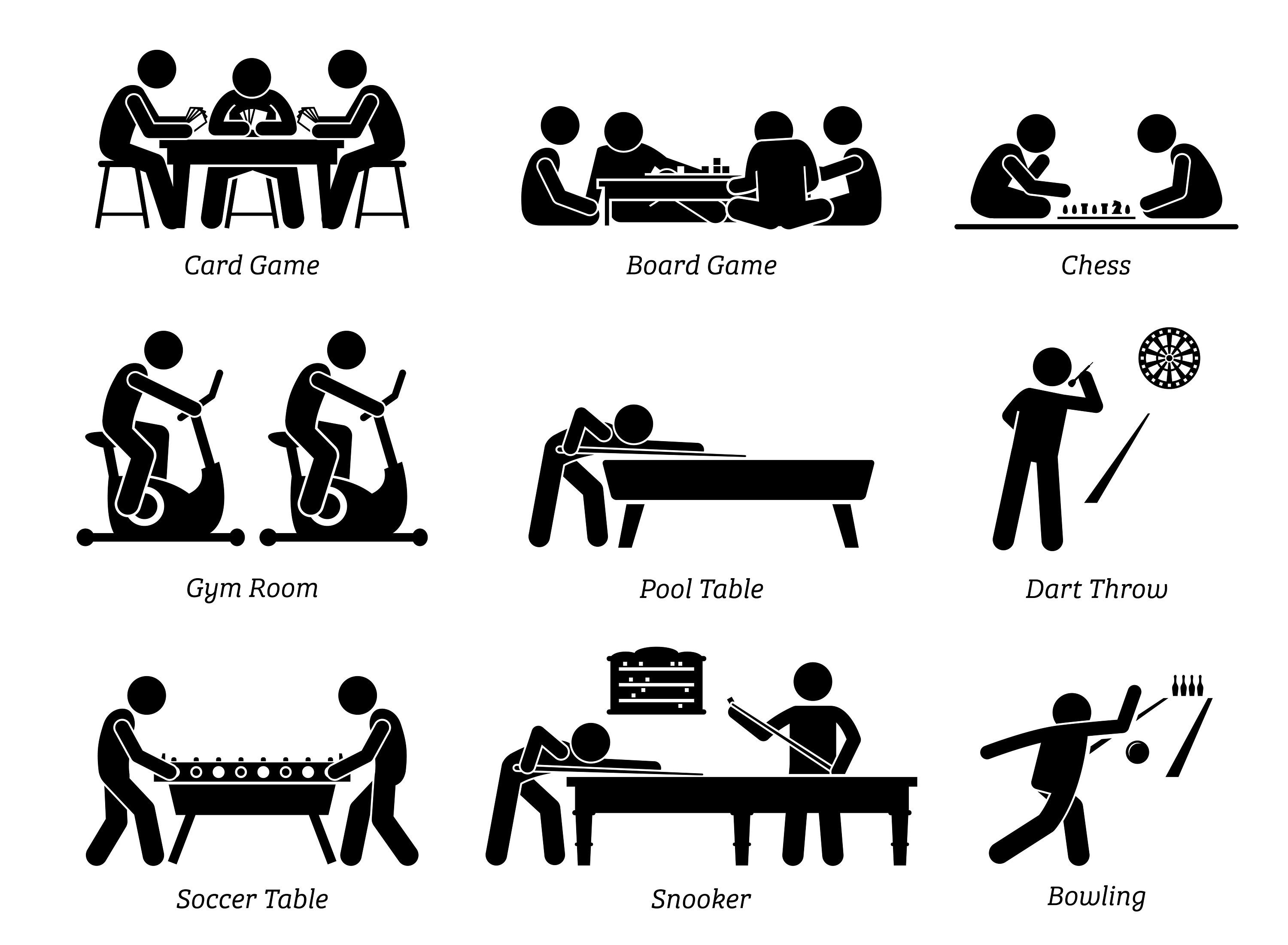 Крытый клуб, Клубные игры, Жесты тела, Тренажерный зал, Игра в шахматы, Футбольный стол, Комната отдыха, Тренажерный зал, Карточная доска